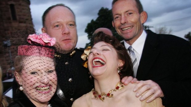 Bronwyn Bishop (left) at the wedding of Sophie and Gregory Mirabella, with Tony Abbott. 