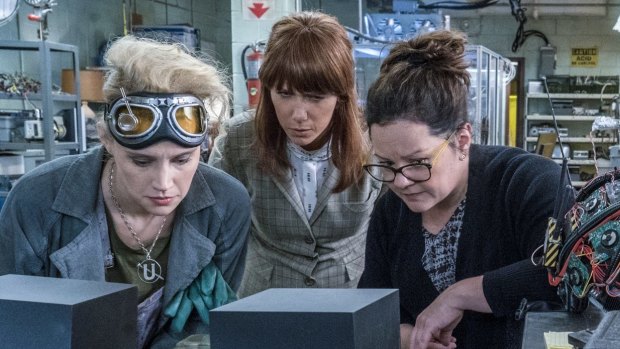 Taking care of business: Kristen Wiig as Erin (left) with Holtzmann (Kate McKinnon) and Abby (Melissa McCarthy) at the Paranormal Studies Lab.