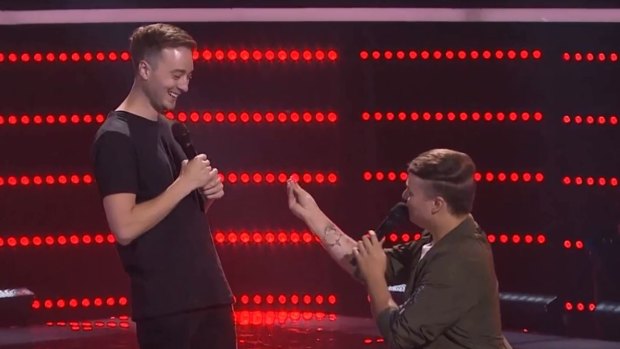 Real drama: Contestant Nathan Brake proposes to his partner Mitchell on stage after his blind audition.