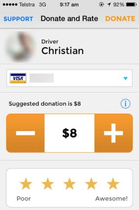 Another screenshot of RideSurfing, showing how it charges and suggests a donation.