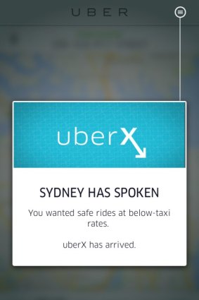 A message that appeared on the Uber app on Wednesday evening.