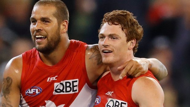 Big night: Lance Franklin celebrates a goal with Gary Rohan in the Swans' win over Geelong on Friday night.