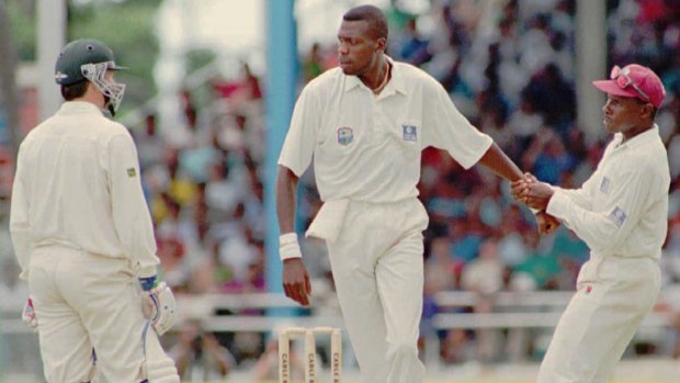 The way we were: Richie Richardson pulls Curtly Ambrose away from Steve Waugh during a fiery clash in 1995.