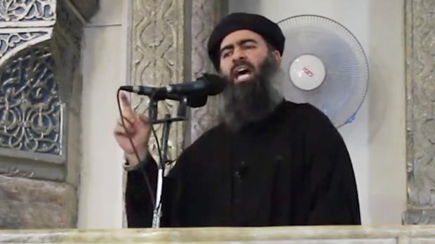 Abu Bakr al-Baghdadi pictured in a propaganda video earlier this year.