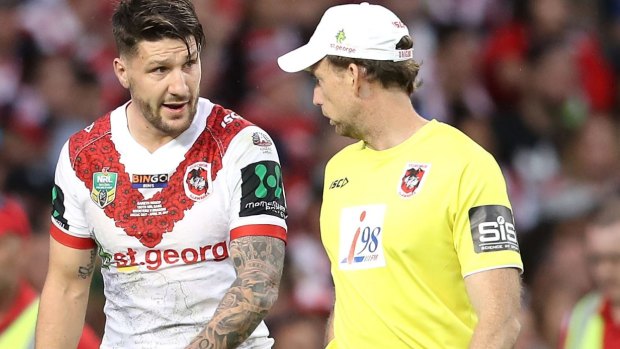 Gareth Widdop is helped from the field during the clash against the Roosters on Anzac Day