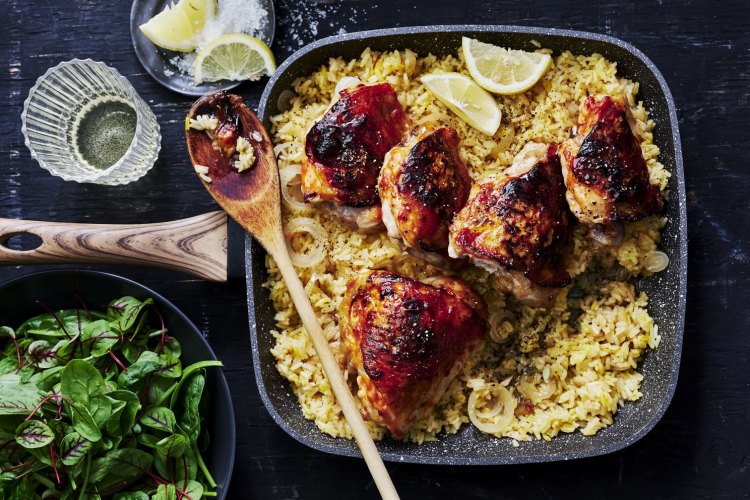 Sticky chicken with saffron baked rice recipe. 