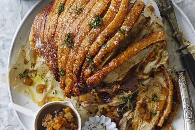 Adam Liaw's roast pork with mustard gravy and summer fruit chutney.