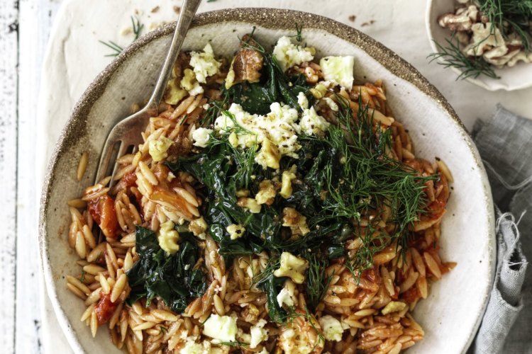 Jill Dupleix's tomato risoni with silverbeet, feta, walnuts and honey.