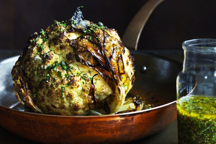 Whole roasted cauliflower with lemon and mustard. 
