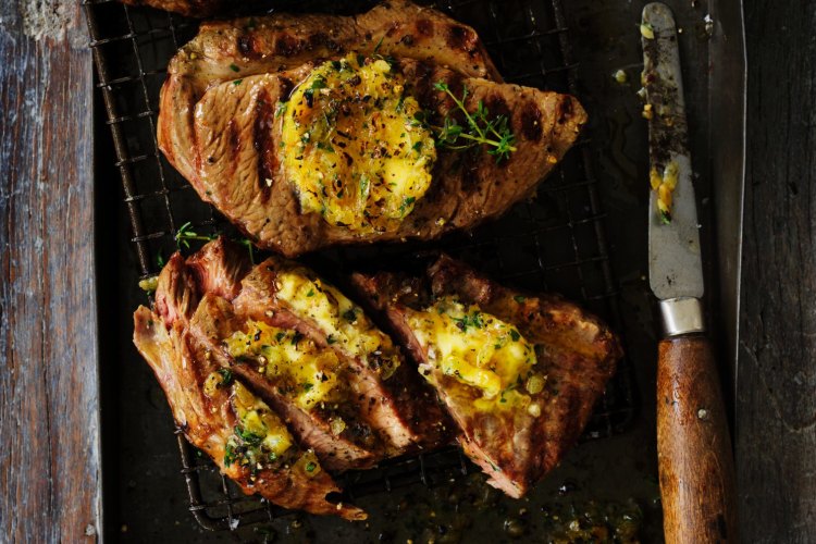 Adam Liaw's lamb steaks with caramelised onion butter.