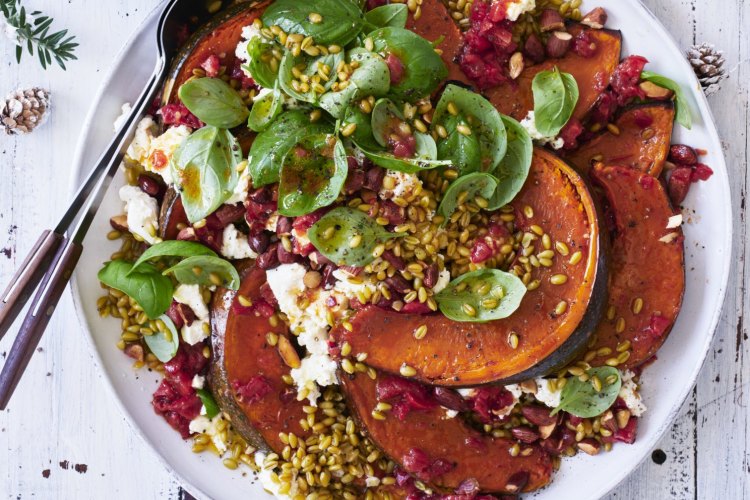 Danielle Alvarez's roasted pumpkin and farro salad with tomato and feta vinaigrette.