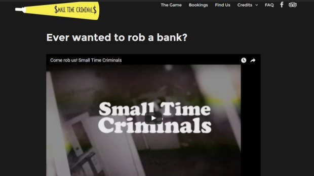 Small Time Criminals website with the slogan ''Ever Wanted to Rob a Bank''.