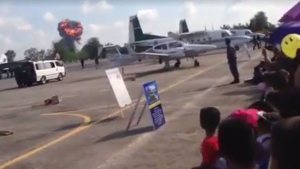 A still from a video posted on the Hatyai Social.com Facebook page shows the explosion from a jet crash at Hat Yai Airport in Thailand.