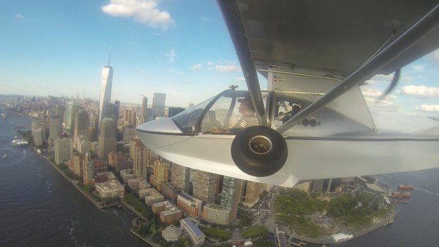 Michael Smith flies into New York during his solo journey around the world in an amphibious flying boat. The journey  is the focus of Rob Murphy's documentary Voyage of the Southern Sun.