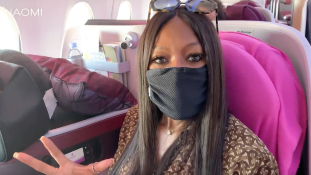 Naomi Campbell sports her anti-air pollution facemask.