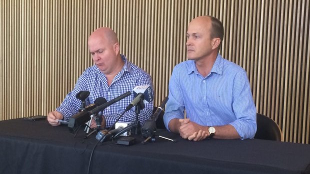 Mike and Andrew Greste at a media conference marking one year since their brother, journalist Peter Greste, was imprisoned in Egypt. 