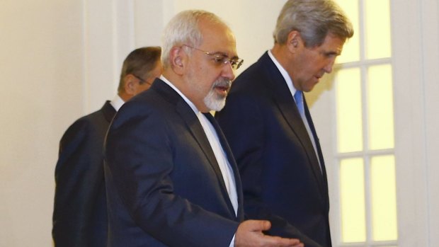 US Secretary of State John Kerry (right) talks with Iranian Foreign Minister Javad Zarif ahead of the meeting in Vienna.