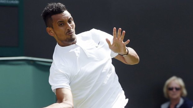 Nick Kyrgios received a code violation warning for an audible obscenity during his fiery second round match against Dustin Brown.