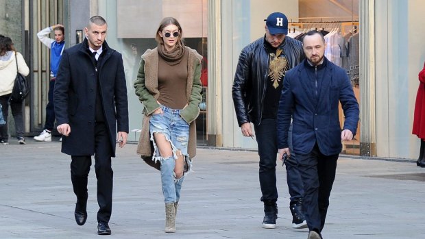 Model Gigi Hadid during Milan Fashion Week 2017. 