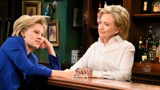 Presidential candidate Hillary Clinton dropped in at the late night comedy show Saturday Night Live on Saturday, appearing in a sketch as a bartender alongside comedian Kate McKinnon, who played the former United States senator and secretary of state.