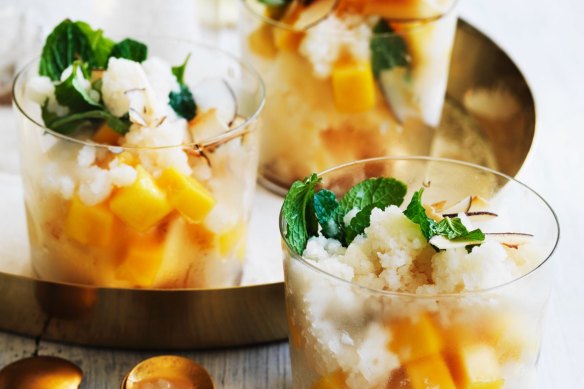 Island Holiday dessert: mangoes with lychee granita.