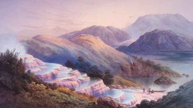 JC Hoyte's painting of the Pink and White Terraces in the 1870s, prior to the eruption of Mt Tarawera in 1886.