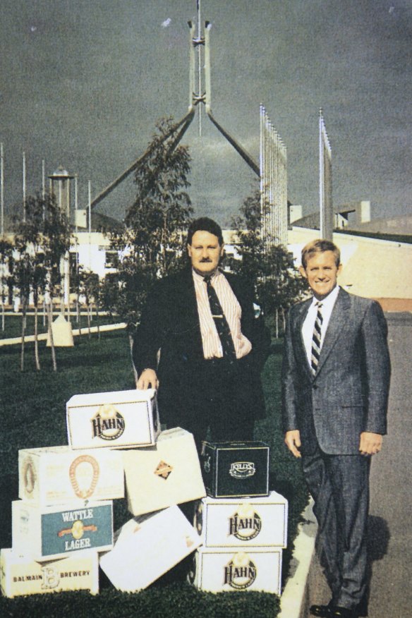 Lord Nelson brewer Blair Hayden and Chuck Hahn representing small brewers outside Parliament House in the early 90s.

