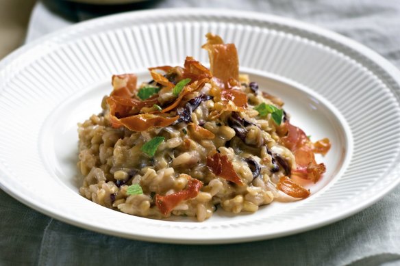 Pearl barley risotto with crispy prosciutto.