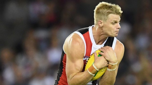 Nick Riewoldt of the Saints marks during the round one AFL match between the St Kilda Saints and the Melbourne Demons at Etihad Stadium on March 25, 2017 in Melbourne, Australia. (Photo by Quinn Rooney/Getty Images)