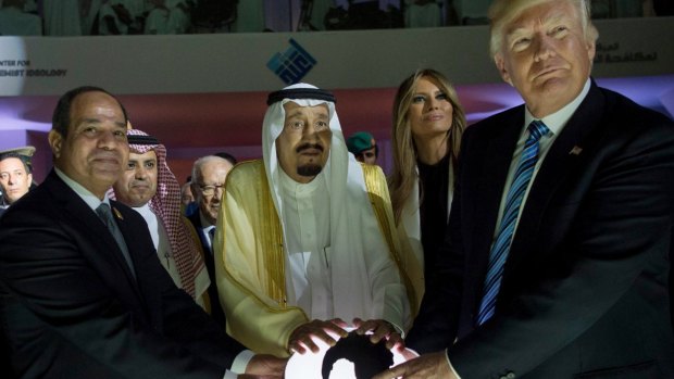 Egyptian President Abdel Fattah al-Sissi, Saudi King Salman, US First Lady Melania Trump and President Donald Trump visit a new Global Centre for Combating Extremist Ideology in Riyadh, Saudi Arabia. 