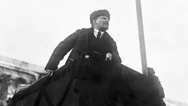 Lenin addresses a crowd at Red Square in Moscow, November 7, 1918. 