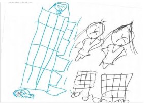"I jumped from the house to the ground and I died. My mum and dad are crying." A girl, 7, held in detention at Wickham Point explains her drawing.