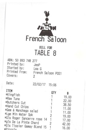 Receipt for lunch with Denise Scott at French Saloon.