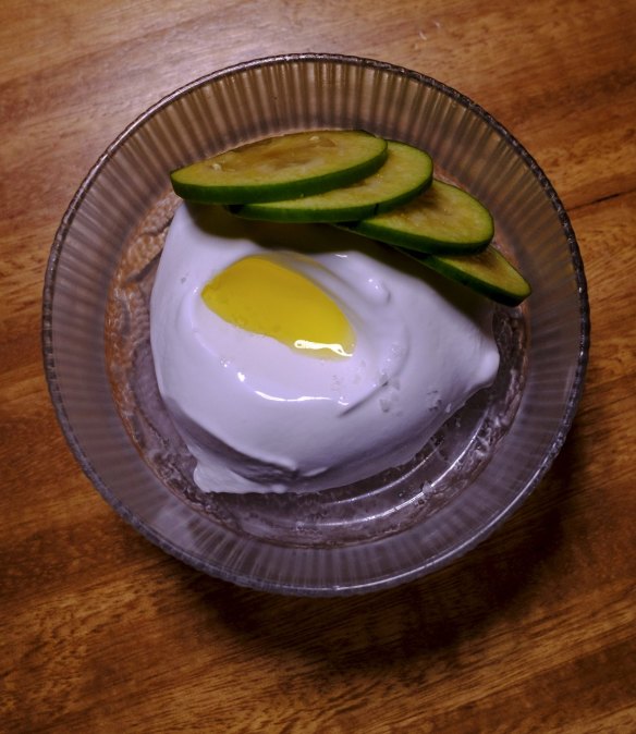 Coconut sorbet with salted feijoas and olive oil.