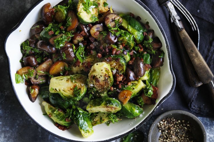Chestnuts, speck and brussels sprouts.