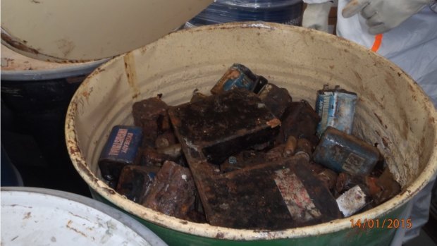 Drums containing toxic materials including liquid mercury, mercury-contaminated powders and byproducts, leaking batteries, and suspected x-ray machine parts were found.