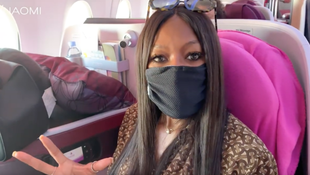 Naomi Campbell sports her anti-air pollution facemask.