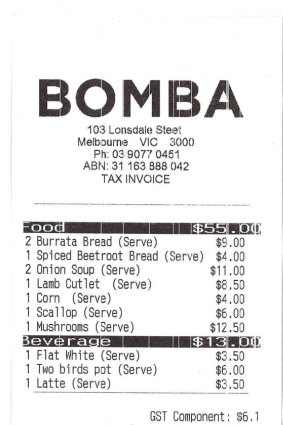 Receipt for lunch with Vince Jones at Bomba.