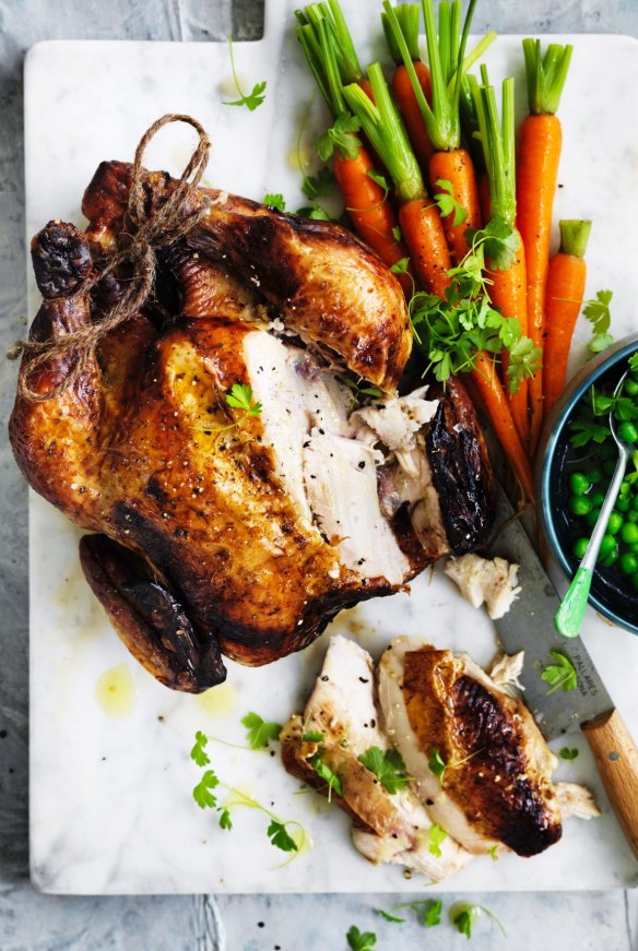 Rub the chicken skin with dark soy sauce before roasting.