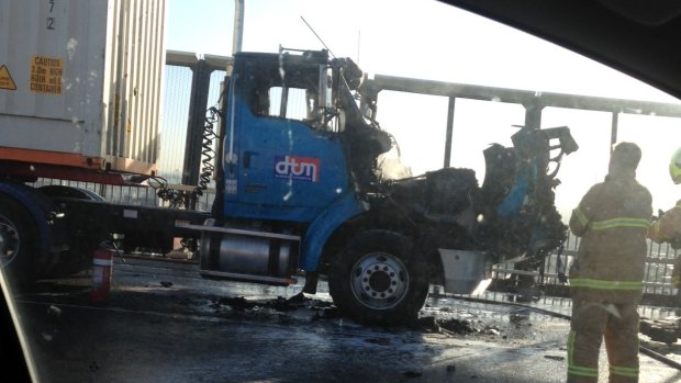 The view from one driver's car window after a truck fire created traffic chaos.