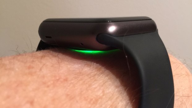 The Apple Watch emits a green light when measuring the wearer's heart rate.
