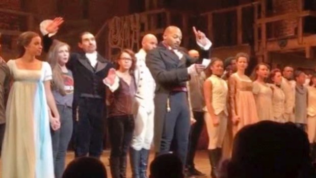 Aactor Brandon Victor Dixon who plays Aaron Burr, the third US vice-president, in <i>Hamilton</i> addresses Mike Pence after the curtain call in New York on Friday.