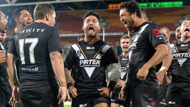 Proud New Zealander: Issac Luke leads the haka after the Kiwis beat Australia on Sunday.