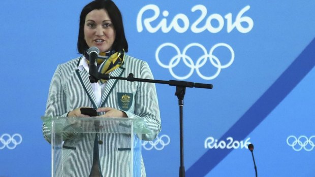 Standing strong: Anna Meares addresses the Australian Olympic Team.