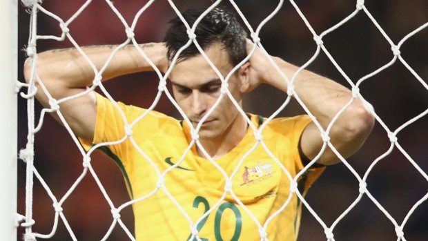 One night in Bangkok: Trent Sainsbury shows his frustration after a missed chance against Thailand.