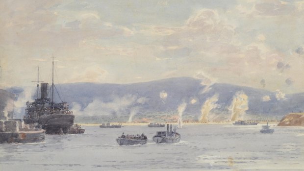 Lot 59: An eyewitness watercolour by Norman Wilkinson, Landing at 'A' Beach, Suvla Bay, Gallipoli, 7th August 1915. Sold for $9,600.
