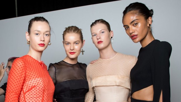 Alex Perry has been criticised for using Holly Moore (far right), who has been described as an 'underweight' model, during a runway event at Virgin Australia Melbourne Fashion Festival (VAMFF) on Wednesday.
