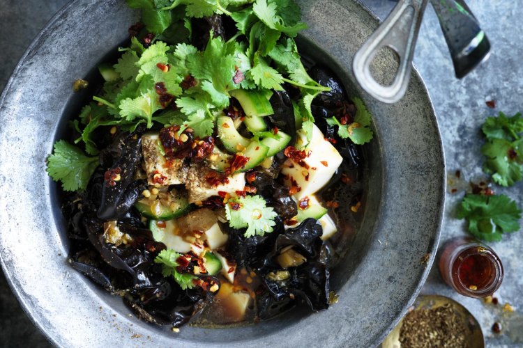 Silken tofu stir-fried with black vinegar and Sichuan pepper.