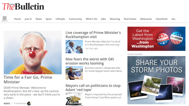 The homepage of the Rockhampton Morning Bulletin shows Prime Minister Malcolm Turnbull in an unflattering light.
