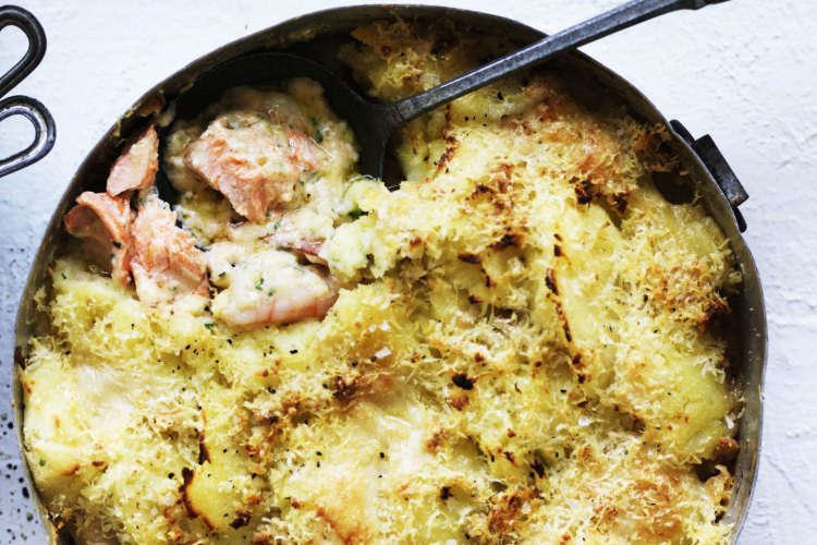 Creamy fish, prawn and potato-topped pie.